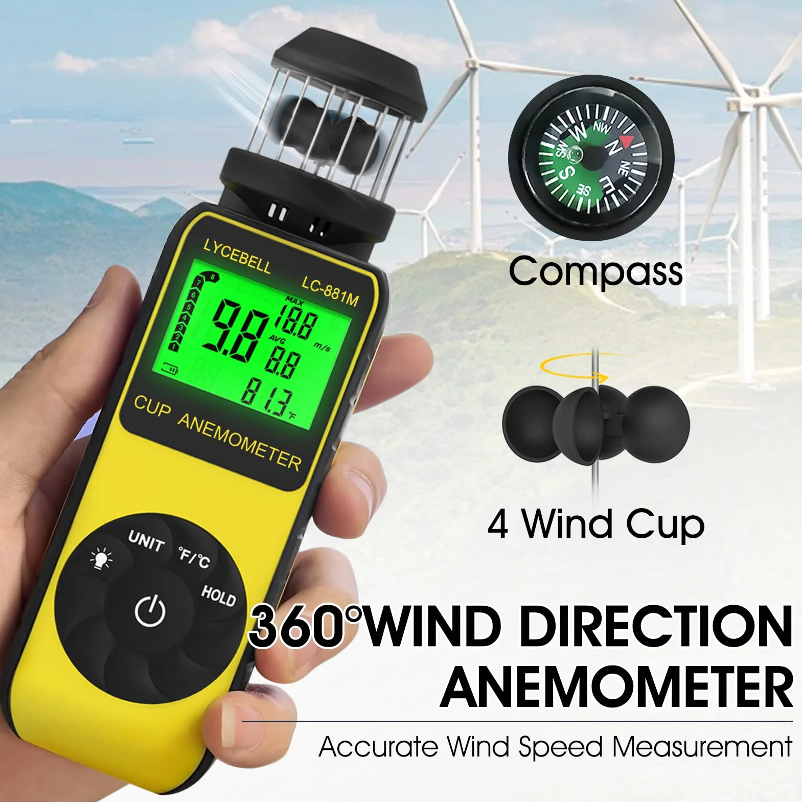 Windmesser Windmessgerät, Handheld Digitaler Anemometer, Misst Windgeschwindigkeit und Temperatur mit Kompass, Wind Cup Anemometer für HVAC Vents, Surfen, Segeln(LC-881M)