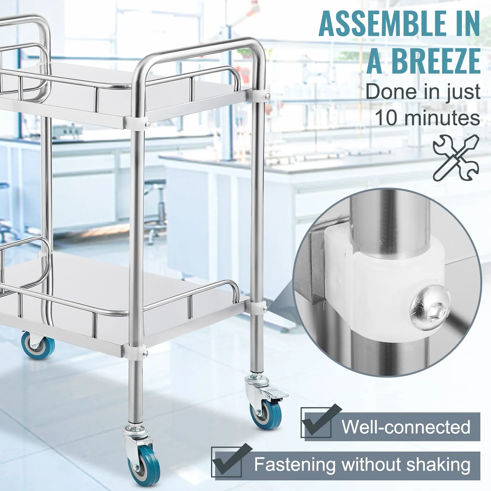 VEVOR Servierwagen Edelstahl Serving Lab Trolley 2 Böden Laborwagen Tragbar Abräumwagen Medical Dental Lab Cart Transportwagen Rollwagen Medizinisch Universalräder Zwei Fußbremsen Breite Anwendung