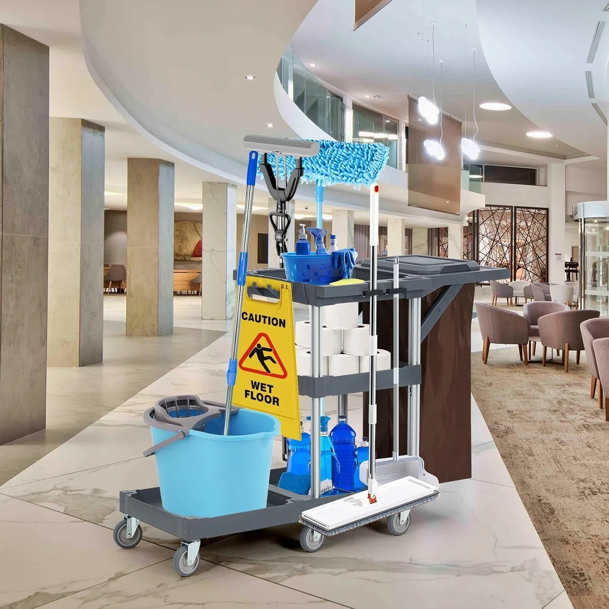Putzwagen Reinigungswagen,Servierwagen Mit Rollen 6 Mit Abdeckung Und Vliesbeutel Putzwagen für Haushalte Hotels Designbis zu 136 Kg Belastbar. Maße: 95 cm (T) x 49 cm (B) x 22 cm (H)