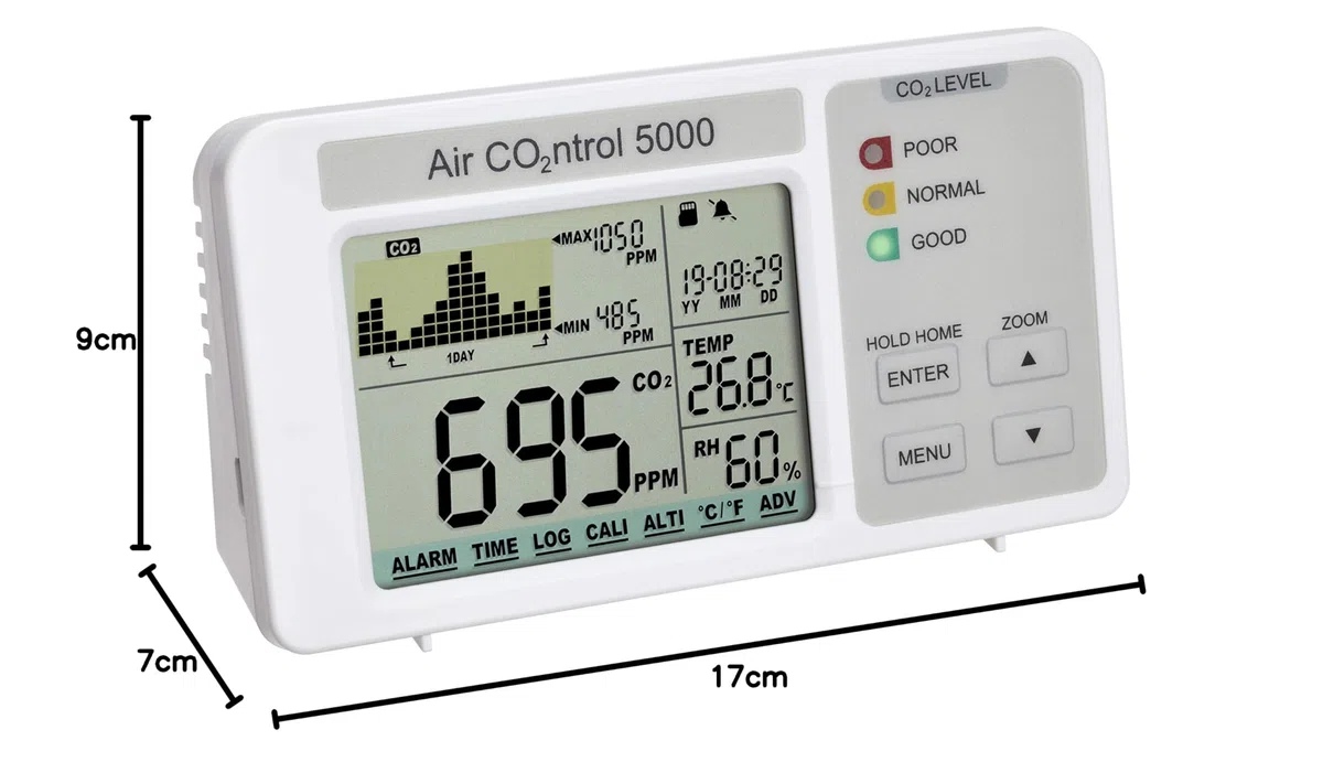 TFA Dostmann AIRCO2NTROL 5000 CO2-Messgerät mit Datenlogger, 31.5008.02, Raumluft mit Uhrzeit, Raumtemperatur, Luftfeuchtigkeit, mit grafischer Darstellung, Ampelanzeige, 12 x 3,3 cm, weiß
