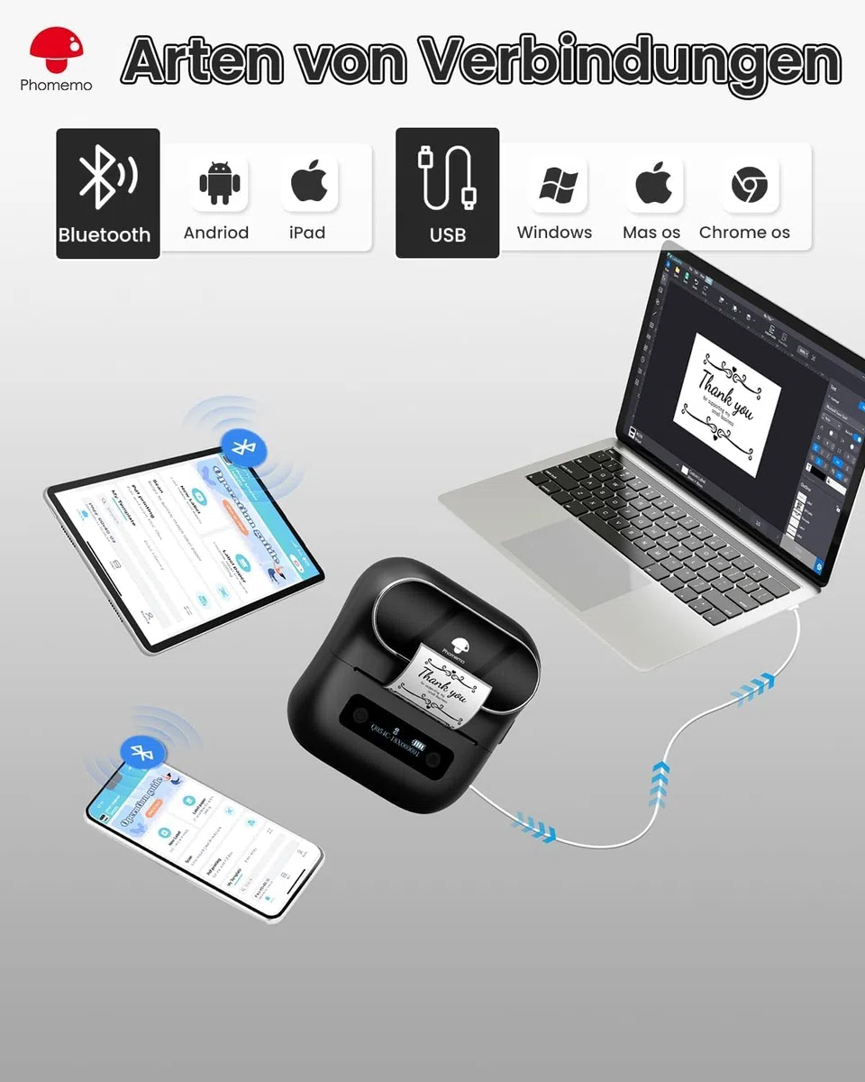 Phomemo M220 Etikettendrucker, Bluetooth Thermo Etikettenmacher,Tragbarer Etikettiergerät für Kleinunternehmen,Haushalt,Schule,Aufkleber Drucker mit 3 Rollen Selbstklebend Etiketten und 1 Etui