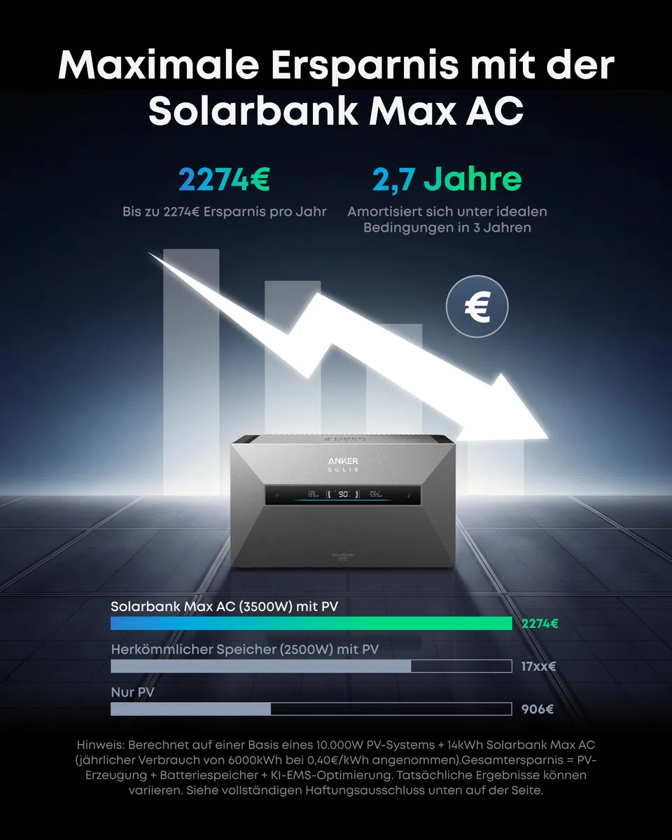 Anker SOLIX Solarbank Max AC, Balkonkraftwerk mit Speicher 7Kwh 3500W, All-in-One Plug&Play Heimspeicher, 10000 Zyklen, 5 Min Installation, Solaranlage mit Wechselrichter