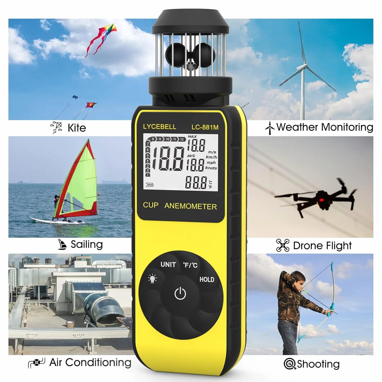 Windmesser Windmessgerät, Handheld Digitaler Anemometer, Misst Windgeschwindigkeit und Temperatur mit Kompass, Wind Cup Anemometer für HVAC Vents, Surfen, Segeln(LC-881M)