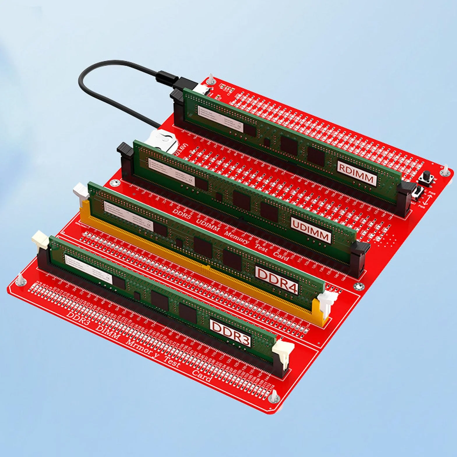 RAM-Speichertesterkarte, 4-in-1-DDR3-DDR4-DDR5-Server-DDR5-Tester mit LED-Anzeige und Doppelter Stromversorgung, Zum Testen der Speicherhardware von Desktop-Computern