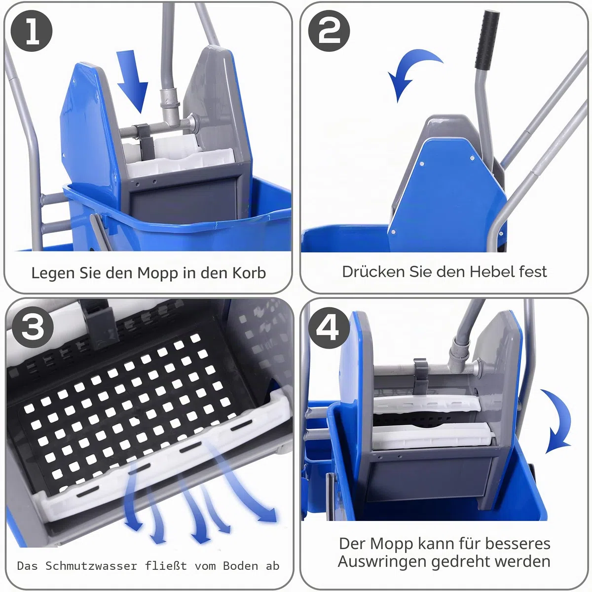 HOMCOM Putzwagen Reinigungswagen Fahreimer Putzeimer 25 Liter Wischwagen mit Wringer, Haken für Mopp Haushaltswagen mit 4 Rollen Blau