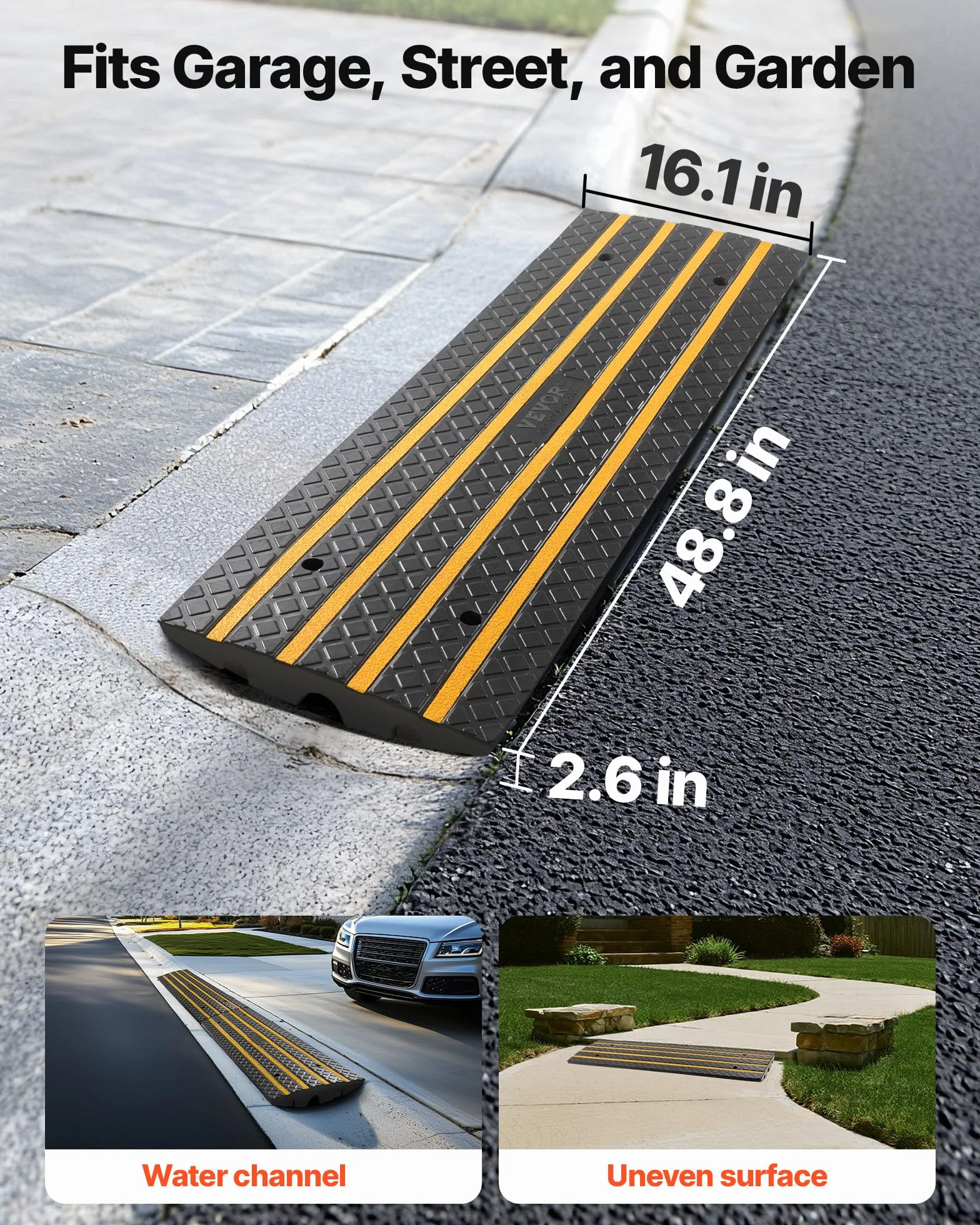 VEVOR Gummi-Bordsteinrampe, 15 Tonnen Tragkraft, 66 mm Anstieg, Auffahrtsrampe mit gelben Reflektorstreifen, Schwellenrampe geeignet für Laderampe, Lager, Garage, Gehweg (1 Stück)