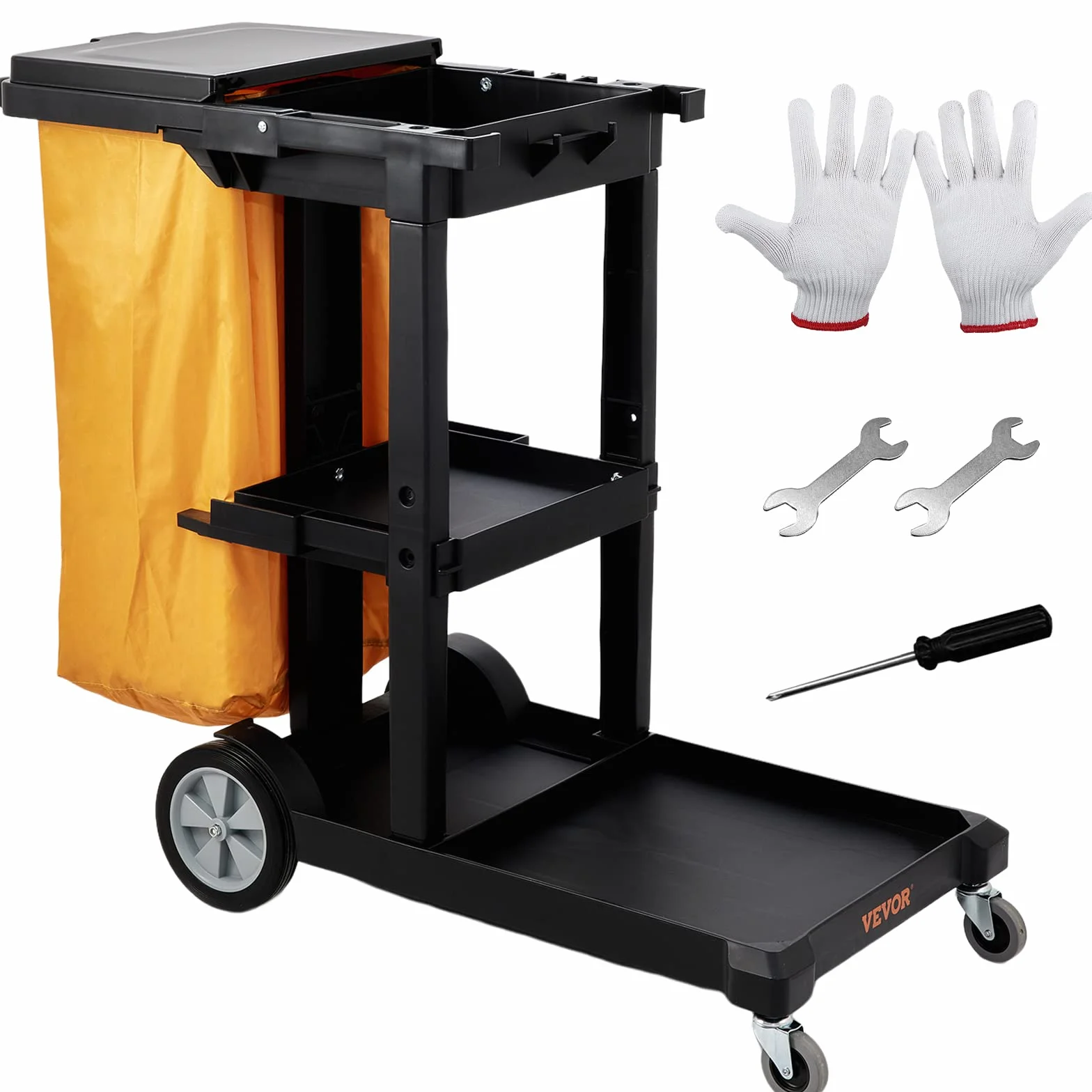 VEVOR Reinigungswagen Putzwagen mit 3 Fächern, Hygienewagen Reinigungswagen 90,7 kg Tragfähigkeit, Schwarz PP Wischwagen Systemwagen mit PVC-Müllsack, Geeignet für Büros, Einkaufszentren, Hotels