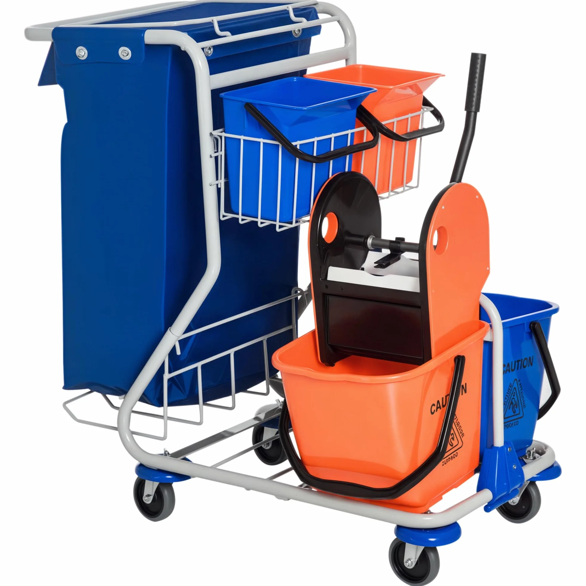HOMCOM Putzwagen Reinigungswagen mit 2 x 18L & 2 x 6L Eimern Wischwagen Haushaltswagen mit Mopp-Presse, Aufbewahrungskorb, Blau Orange 93 x 80 x 97 cm