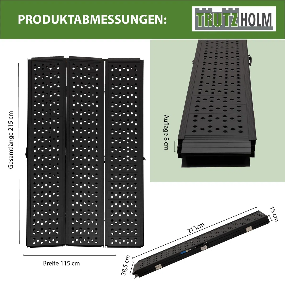DREIBREIT by TRUTZHOLM 2-Fach Auffahrrampe klappbar 215 cm Traglast 1020 kg Alu schwarz gelocht Verladerampe Rampe