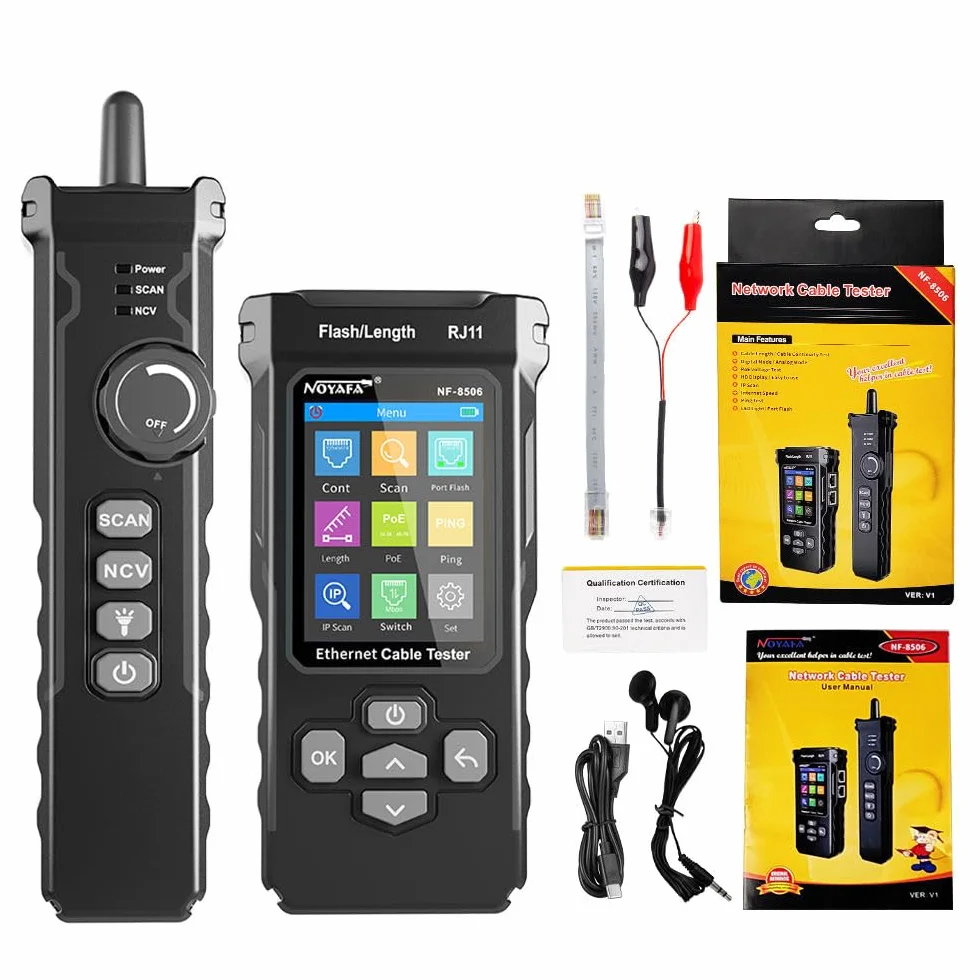 NF-8506 Netzwerk-Kabeltester mit IP-Scanner, TDR, PoE, Ping-Test und Netzwerkgeschwindigkeitstest - Ethernet-Kabeltoner für RJ11/RJ45/CAT5/CAT6 LAN, Telefonkabel-Finder und Port-Flash-Tool (NF-8506)