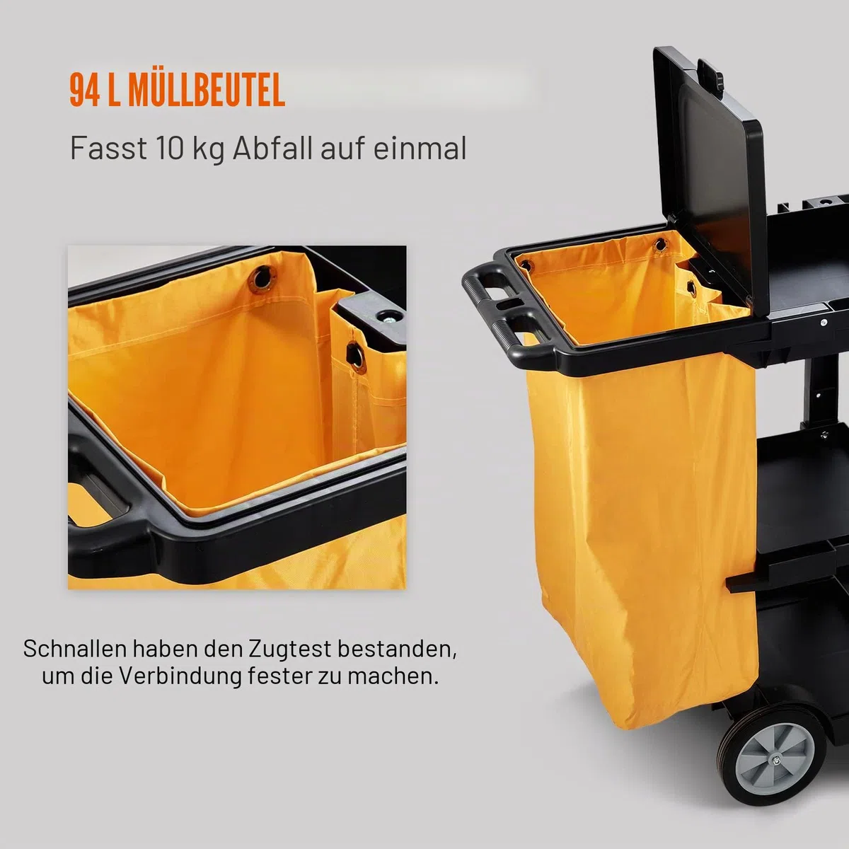 VEVOR Reinigungswagen Putzwagen mit 3 Fächern, Hygienewagen Reinigungswagen 90,7 kg Tragfähigkeit, Schwarz PP Wischwagen Systemwagen mit PVC-Müllsack, Geeignet für Büros, Einkaufszentren, Hotels