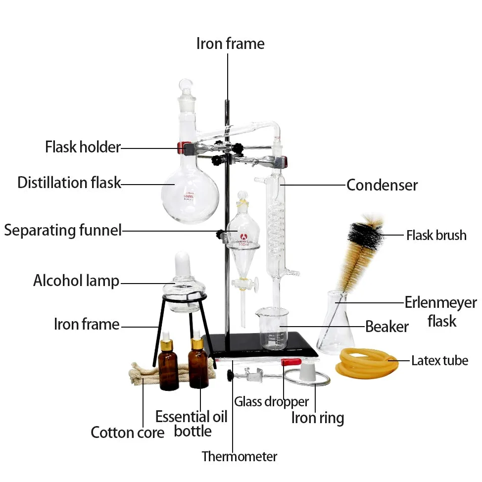 Professionelles 500 ml Chemieglas Dampfdestillationsgerät DIY ätherisches Öl Destillier-Kit Labor Glaswaren Kit mit verdicktem Flachmann Serpentin Kondensator