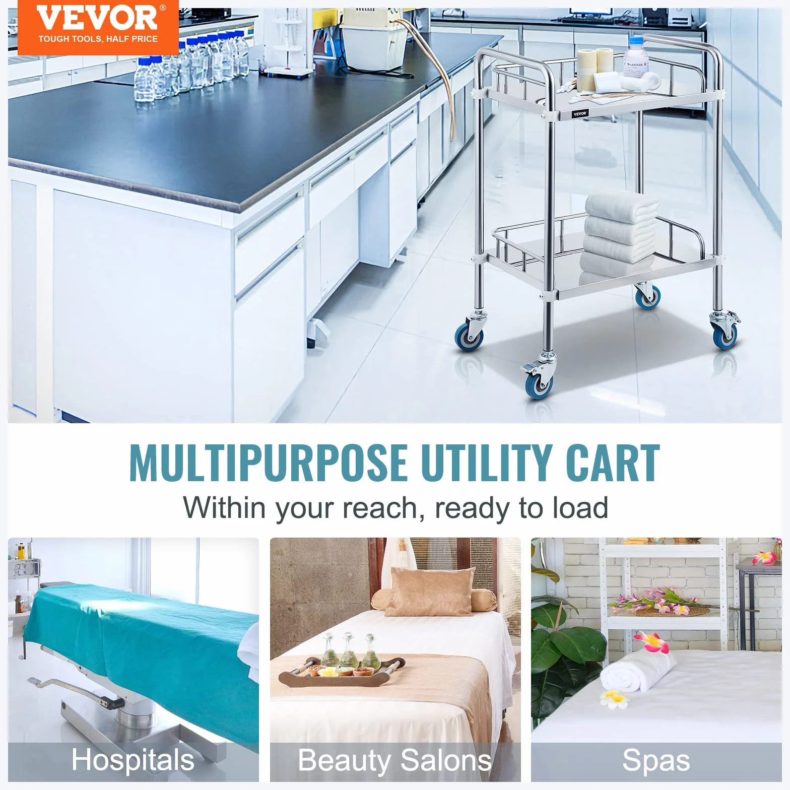 VEVOR Servierwagen Edelstahl Serving Lab Trolley 2 Böden Laborwagen Tragbar Abräumwagen Medical Dental Lab Cart Transportwagen Rollwagen Medizinisch Universalräder Zwei Fußbremsen Breite Anwendung