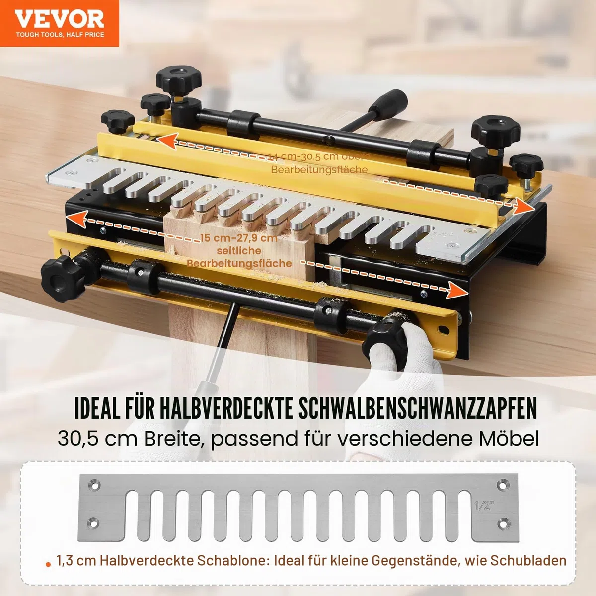 VEVOR Zinkenfräsmaschine 31 cm Breit, Zinkenfrässchablone mit Fräser & 12,7-mm-Schablone, Präzise Ausrichtung, Zapfen- & Zapfenschneidvorrichtung, Werkzeug für Möbel- & Schrankherstellung | Einfache Bedienung, robust und langlebig
