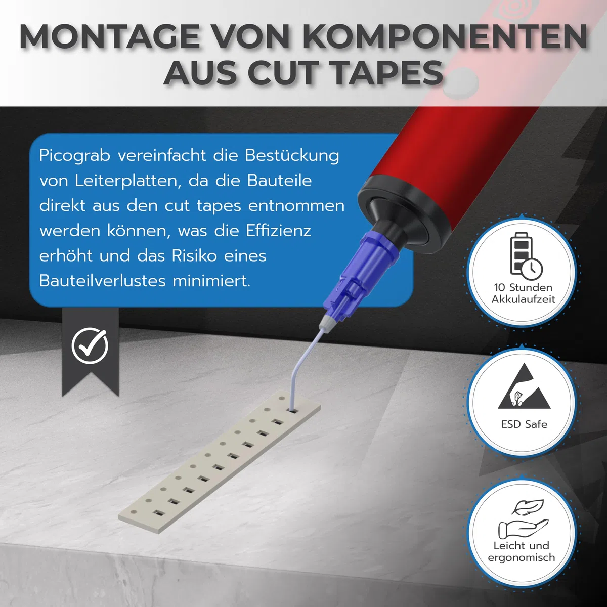 Wiederaufladbarer ESD Vakuum Pickup Stift für IC Bauteilbestückung und SMD Chip Rework, mit 3 Saugnäpfen, 6 austauschbaren Düsen, Aluminiumgehäuse, USB-C-Anschluss und bis zu 10 Stunden Akkulaufzeit