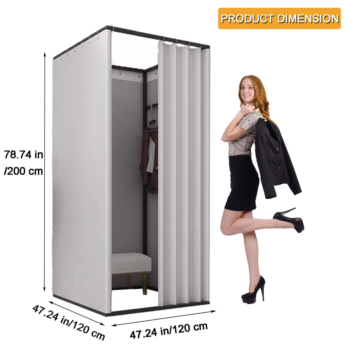TEENKON Umkleidekabine Freistehend, Bodenstehende Tragbarer Umkleideraum für Büro Einkaufszentrum Bekleidungsgeschäft Fotostudios Boutiquen, Einfach Beweglicher Anproberaum (Grau, 120x120x200 cm)