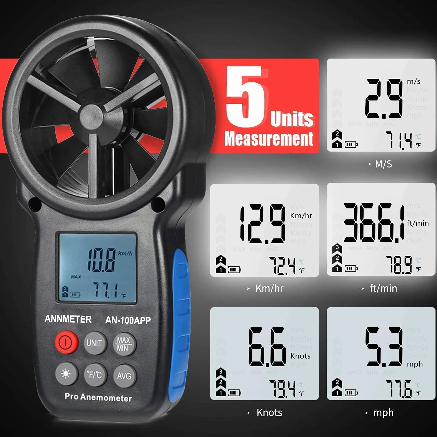 AIOMEST Bluetooth Anemometer Windmessgerät mit App, Portable Luftgeschwindigkeit Messgerät AI-100APP mit Data Logger, RLT-Anlage Windmesser Luftstrommessgerät Tragetasche
