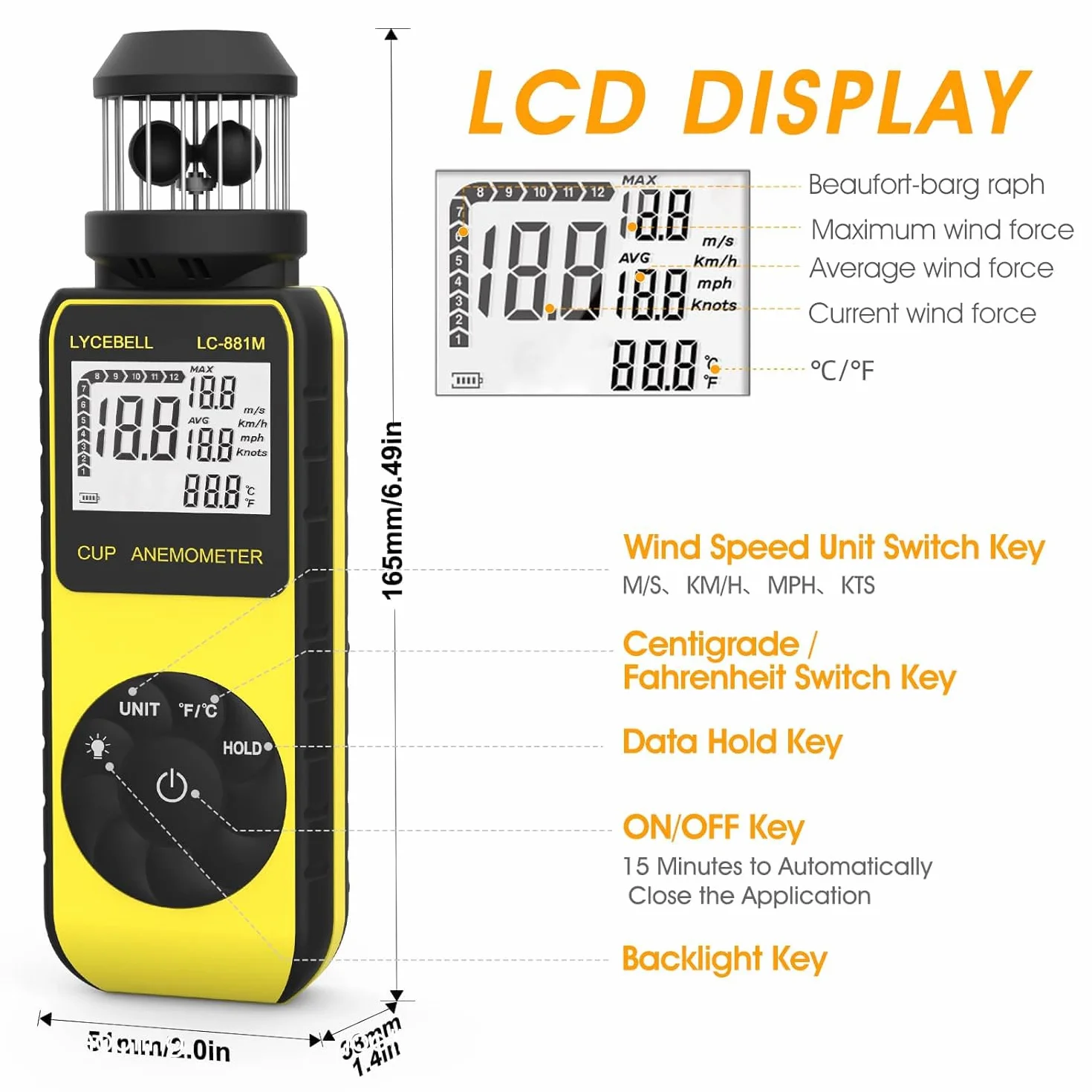 Windmesser Windmessgerät, Handheld Digitaler Anemometer, Misst Windgeschwindigkeit und Temperatur mit Kompass, Wind Cup Anemometer für HVAC Vents, Surfen, Segeln(LC-881M)