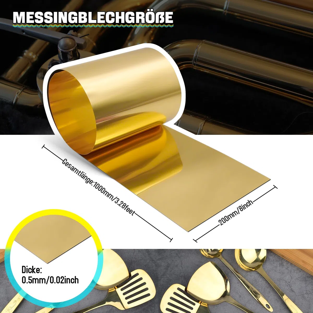 Messingblech, Messingplatte Goldfolienbleche Messingblechrolle 1000mm x 200mm x 0.5mm für Kunsthandwerk, elektrische Reparaturen, DIY-Projekte