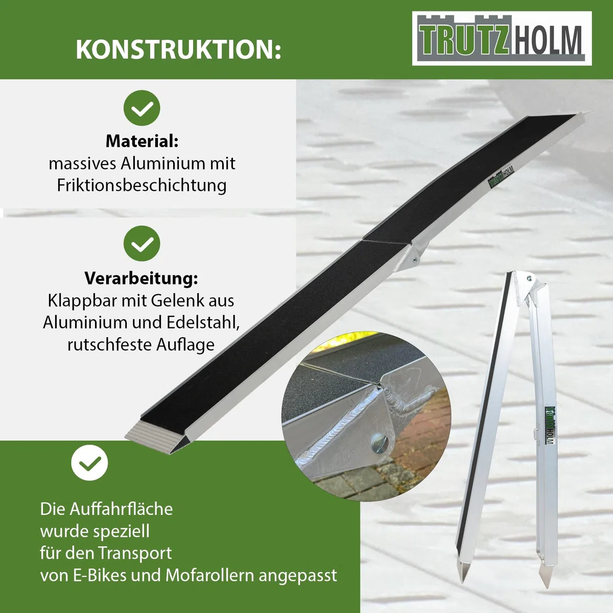 TRUTZHOLM 1x Auffahrrampe klappbar 228 cm 340 kg Traglast Aluminium Rampe mit Friktionsbeschichtung Anti Rutsch Motorradrampe Fahrradrampe E-Bike Rampe inkl. Spanngurt