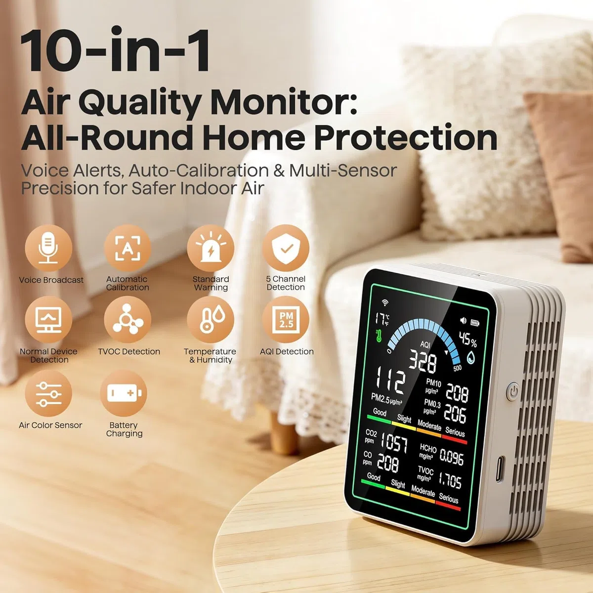 Air Quality Monitor Indoor, 10 in 1 Portable Smartair Quality Tester for CO2 | CO | TVOC | HCHO | Temp | AQI | PM0.3-1 Detection Hum for Home Cars Plants, Pets, Car, Hotel (Black)