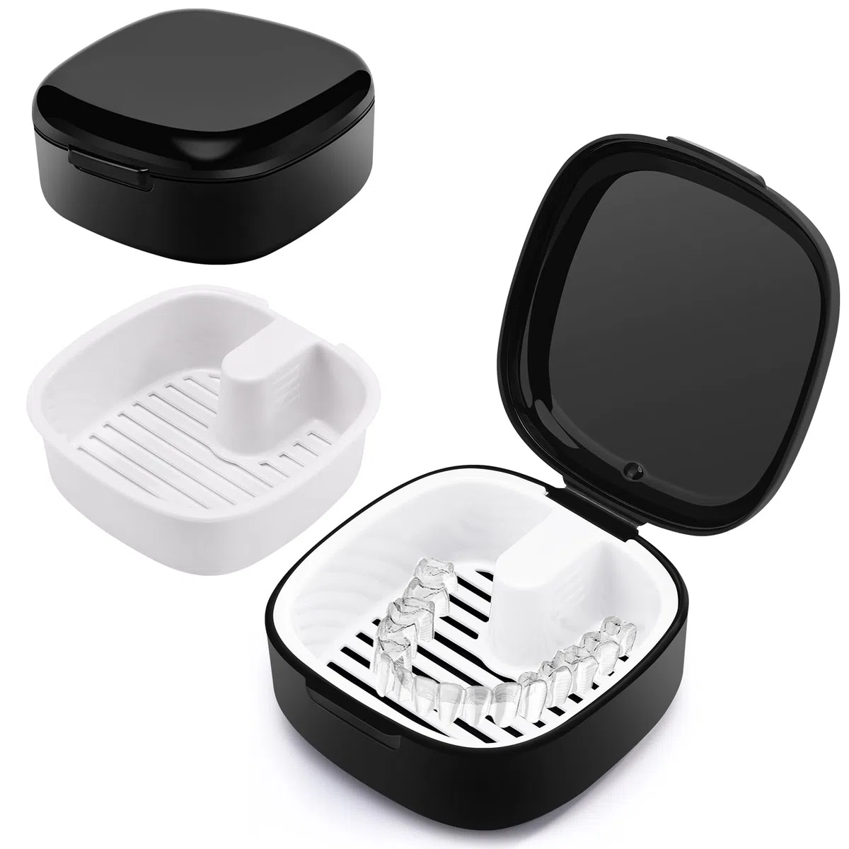 Zahnprothesenbox mit Sieb, Tragbare Gebissdose, Prothesen Prothese Box, Zahnprothese Box Retainer für Reise Reinigung, Aufbewahrung & Reinigung (Schwarz)
