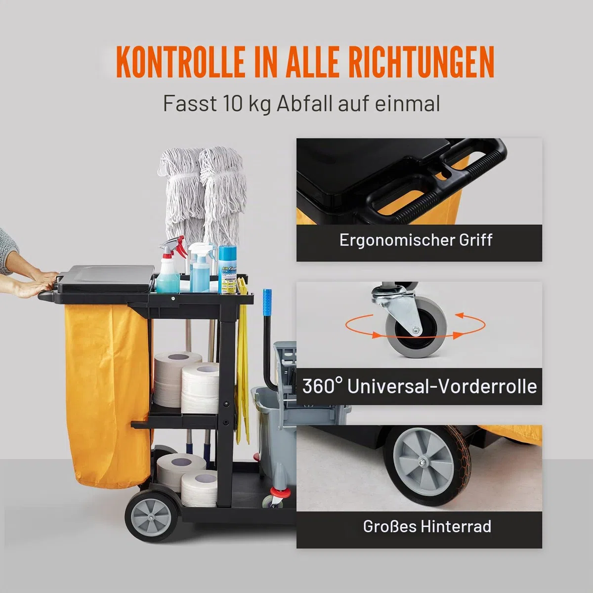 VEVOR Reinigungswagen Putzwagen mit 3 Fächern, Hygienewagen Reinigungswagen 90,7 kg Tragfähigkeit, Schwarz PP Wischwagen Systemwagen mit PVC-Müllsack, Geeignet für Büros, Einkaufszentren, Hotels
