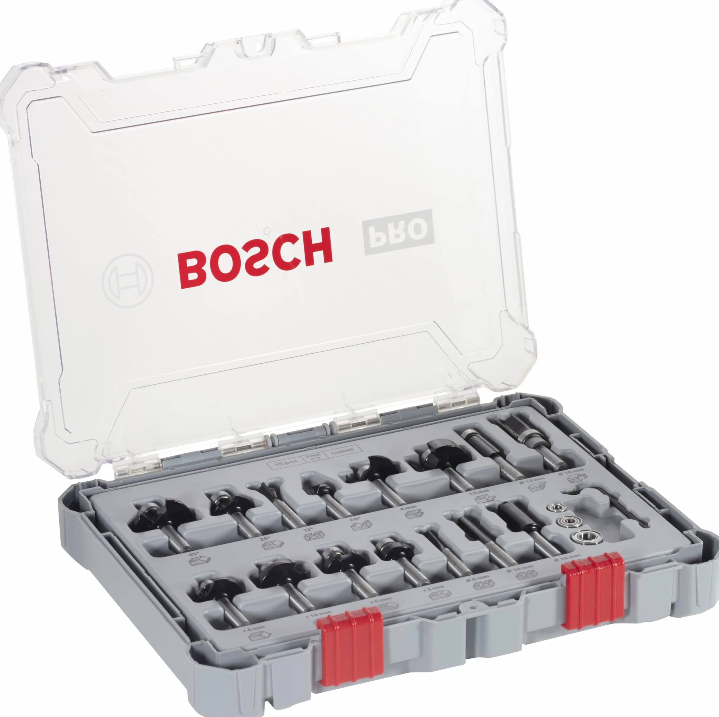 Bosch 15x PRO Fräser-Set gemischt (für Weichholz, Hartholz, Ø 13/16/13/35/25/16/32/32/27/29/19/25/8/10/16 mm, Professional Zubehör Handfräse, Kantenfräse)