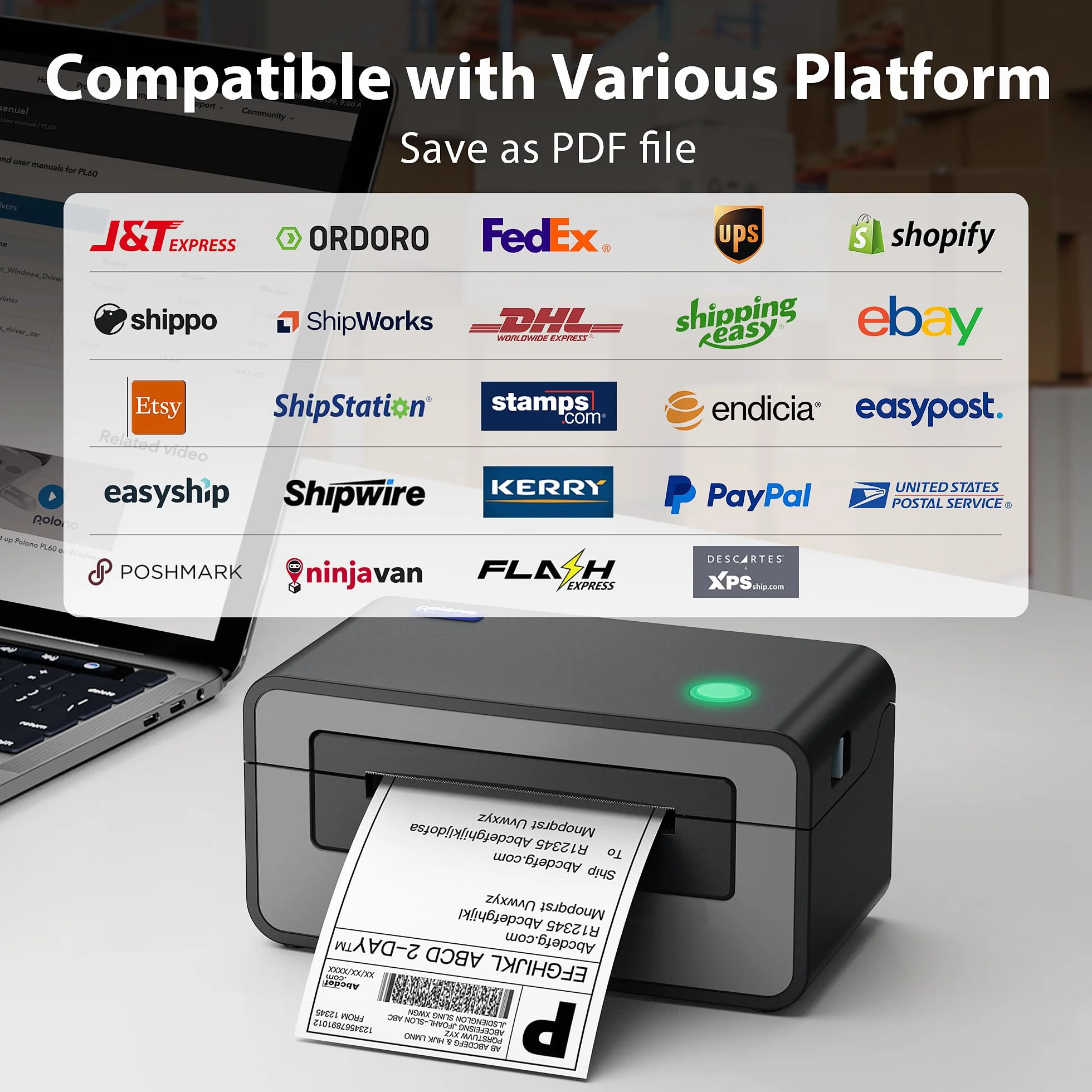 POLONO Etikettendrucker, DHL Thermodrucker Labeldrucker, Label Printer Thermodrucker Desktop Etikettendruck für Amazon, Ebay, Etsy & Shopify, DHL ups USB Mac/PC Count, Grau