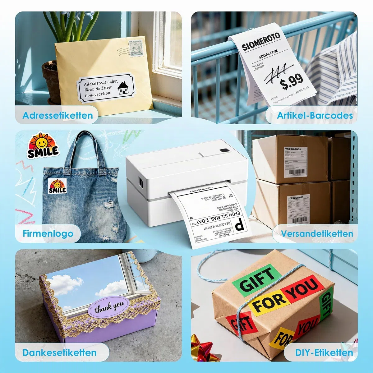 KNAON Bluetooth Etikettendrucker, 4x6 Thermodrucker Label Printer, Labeldrucker Versandetiketten Drucker für DHL UPS DPD FedEx, Etsy Shopify, Weiß
