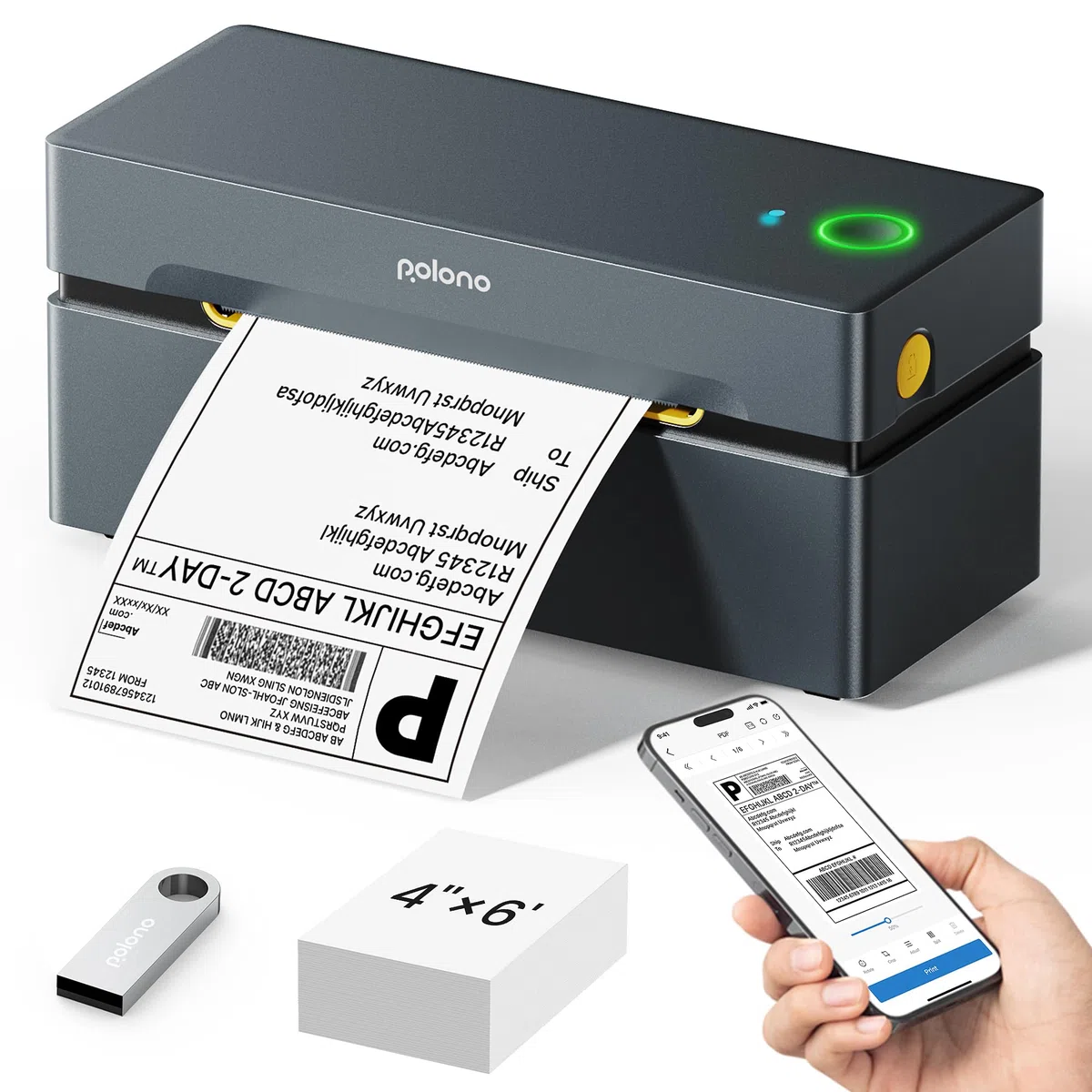 POLONO DHL Etikettendrucker Bluetooth, 4x6 Thermodrucker Versandetiketten Drucker, Ettikettendrucķer Label Printer Kompatibel mit Amazon, Shopify, Etsy, USPS, iOS, Android, Windows, Mac (Grau)