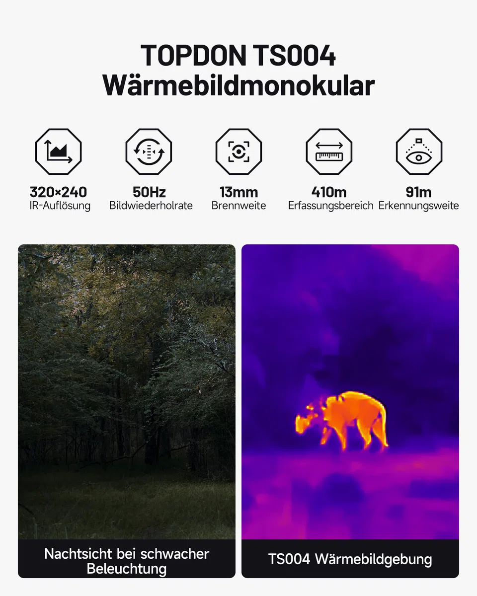 TOPDON TS004 wärmebildkamera Jagd, 320x240 TISR Wärmebild-Monokular 13mm, 50Hz, 11H Akkulaufzeit, 32GB Speicher, für Jagd, Nachtsicht-Outdoor-Erkundung, Wildbeobachtung