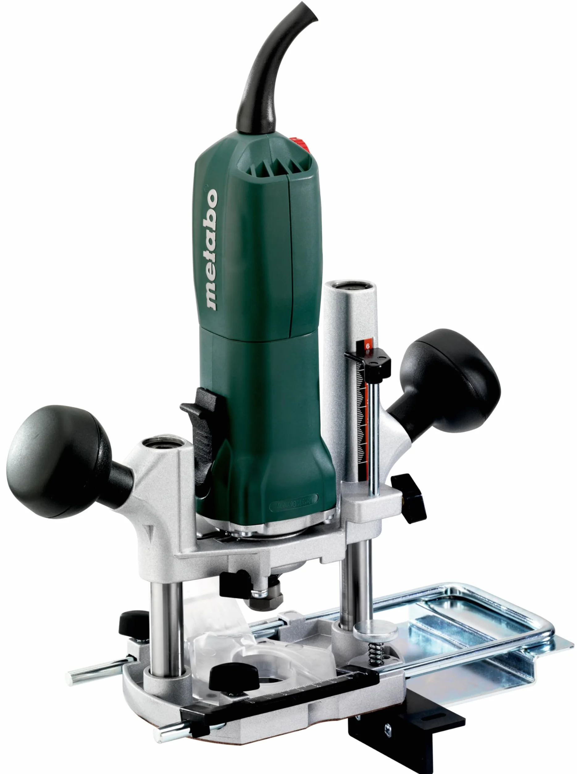 metabo OFE 738 Oberfräse, 710 W Fräse für Metabo Marathon-Motor | Stabile 2-Säulen-Präzisionsführung, Gehärtete Spannzange, 4 m Kabel, Inkl. Parallelanschlag & Absaugverbindungsstück