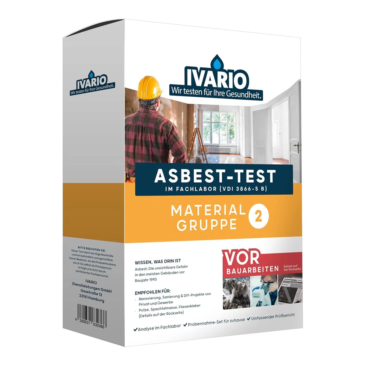 IVARIO Asbest-Test für Dachpappe, Fugenmasse, Farbe, Ausgleichsmasse, Fliesenkleber, Gussasphalt, Kieselgur, Mörtel, Putz uvm. - auch zum Testen von Spielsand auf Asbest/Materialgruppe 2