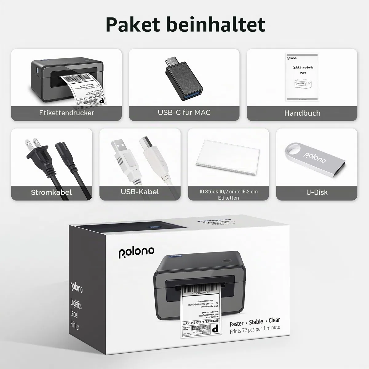 POLONO Etikettendrucker, DHL Thermodrucker Labeldrucker, Label Printer Thermodrucker Desktop Etikettendruck für Amazon, Ebay, Etsy & Shopify, DHL ups USB Mac/PC Count, Grau