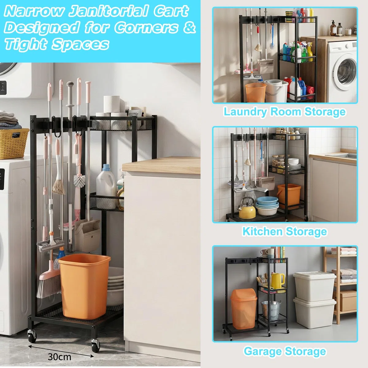 Besenhalter Reinigungswagen Organizer, Mobiler Putzwagen mit 6 Mopp-Aufhängern & 3 Doppelhaken, Haushaltswagen Besen- und Mopphalter fur Haushalt Gewerbe 25.6 × 11.8 × 33.5in
