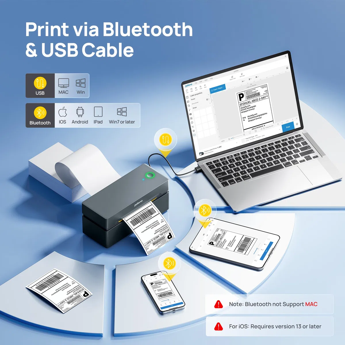POLONO DHL Etikettendrucker Bluetooth, 4x6 Thermodrucker Versandetiketten Drucker, Ettikettendrucķer Label Printer Kompatibel mit Amazon, Shopify, Etsy, USPS, iOS, Android, Windows, Mac (Grau)