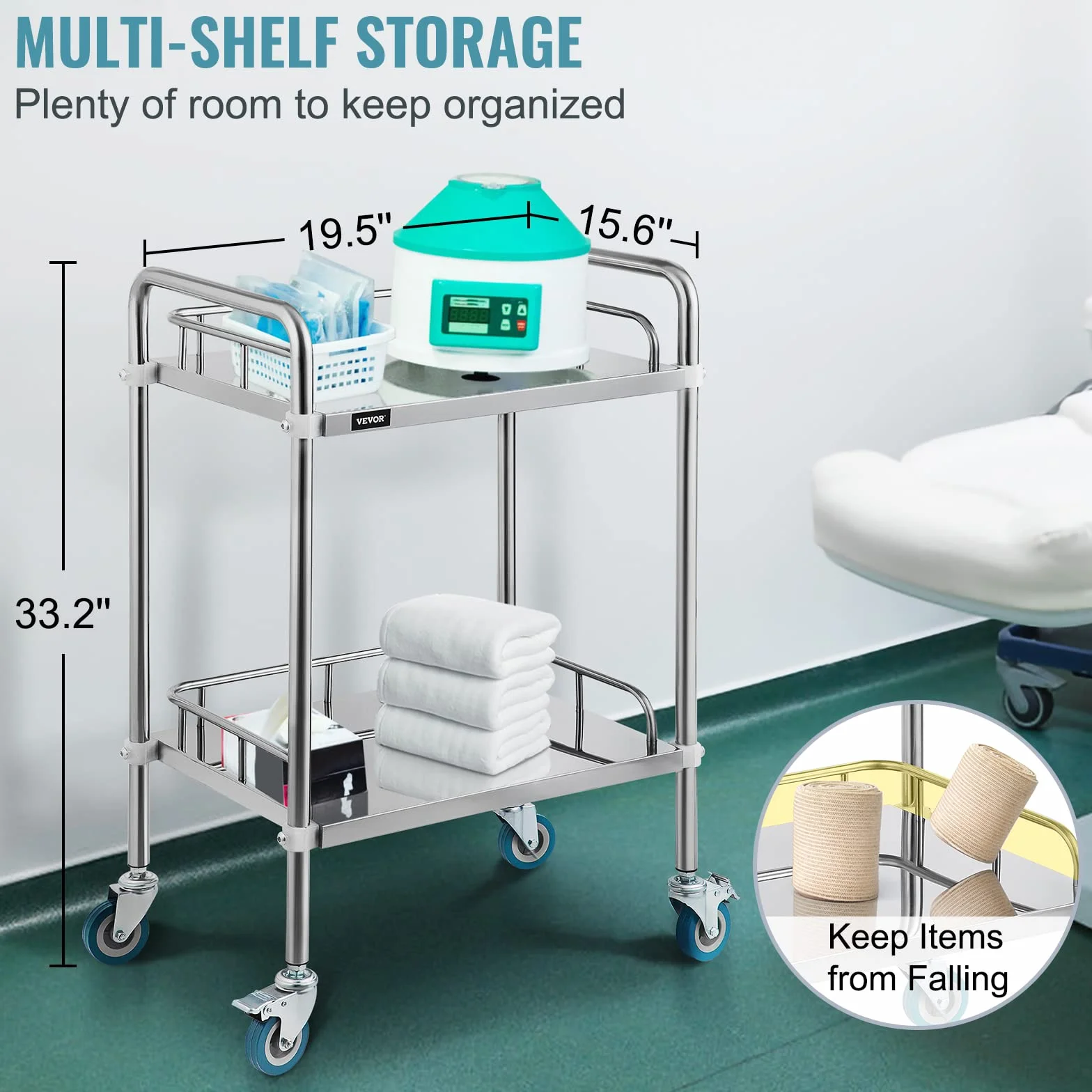 VEVOR Servierwagen Edelstahl Serving Lab Trolley 2 Böden Laborwagen Tragbar Abräumwagen Medical Dental Lab Cart Transportwagen Rollwagen Medizinisch Universalräder Zwei Fußbremsen Breite Anwendung