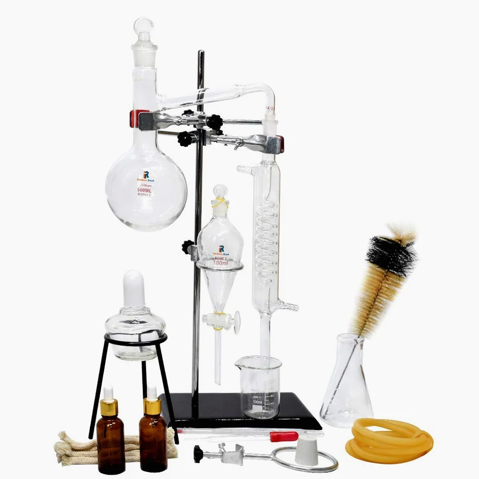 Professionelles 500 ml Chemieglas Dampfdestillationsgerät DIY ätherisches Öl Destillier-Kit Labor Glaswaren Kit mit verdicktem Flachmann Serpentin Kondensator