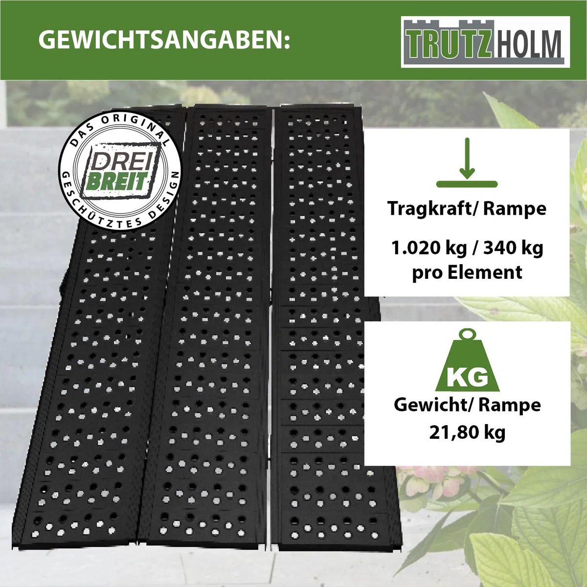 DREIBREIT by TRUTZHOLM 2-Fach Auffahrrampe klappbar 215 cm Traglast 1020 kg Alu schwarz gelocht Verladerampe Rampe