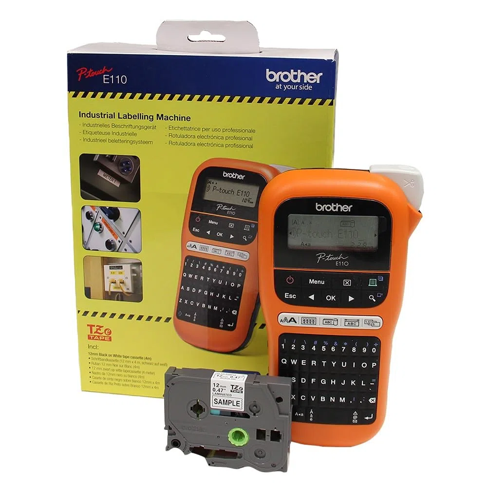 Brother PTE110VP Industrielles Beschriftungsgerät inklusive Netzadapter und Transportkoffer (für 3,5 bis 12 mm breite TZe-Schriftbänder, Beschriftung von Kabeln und Anschlüssen), Klein
