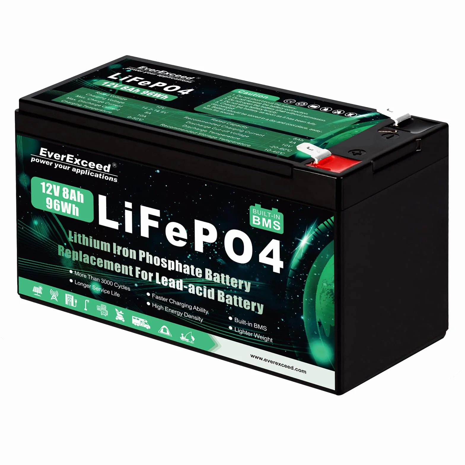 12V 8Ah Lifepo4 Batterie 3000+ Tiefentladungszyklen 12 V Lithium Batterie für Solar/Windenergie, Beleuchtung, Fischfinder, Power Wheels und mehr, 10A BMS