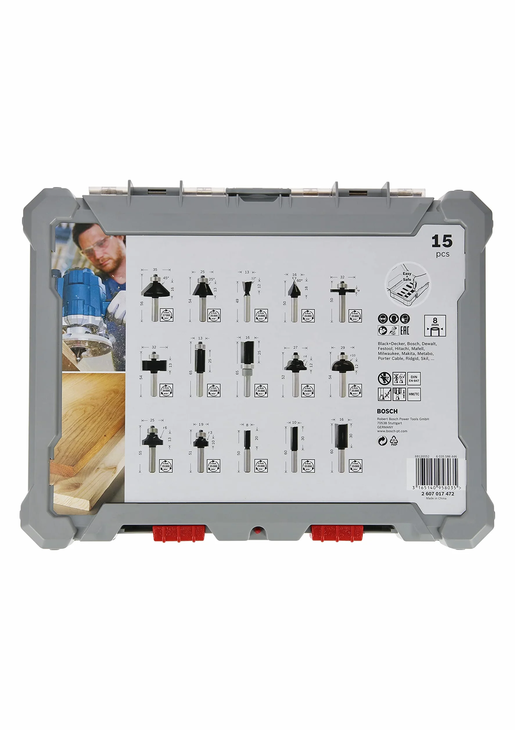 Bosch 15x PRO Fräser-Set gemischt (für Weichholz, Hartholz, Ø 13/16/13/35/25/16/32/32/27/29/19/25/8/10/16 mm, Professional Zubehör Handfräse, Kantenfräse)