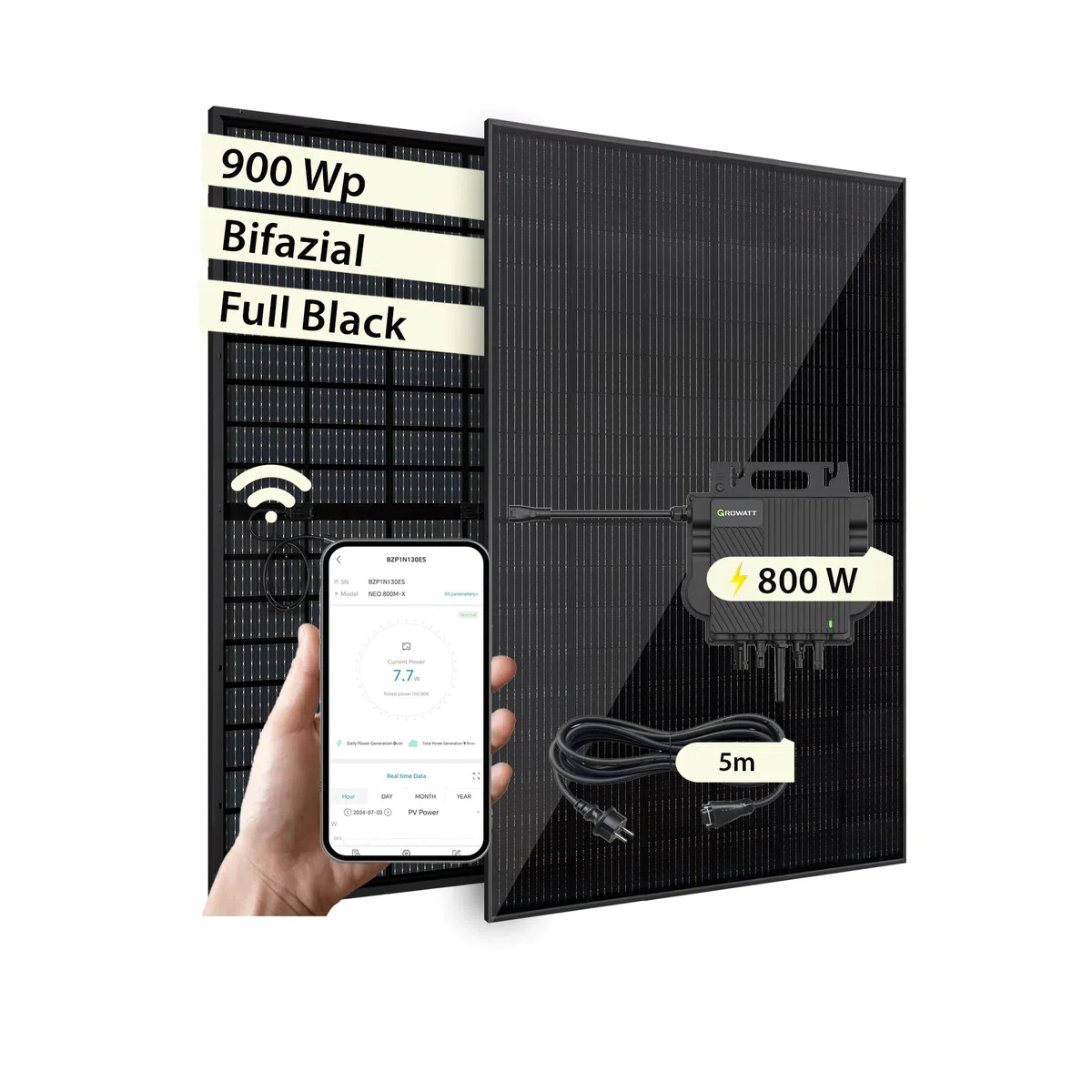 VALE Balkonkraftwerk Bifazial 900 Wp Full Black - Growatt Neo 800M-X Wechselrichter - Solarpanel Set - 5m AC-Kabel - inkl. App-Steuerung