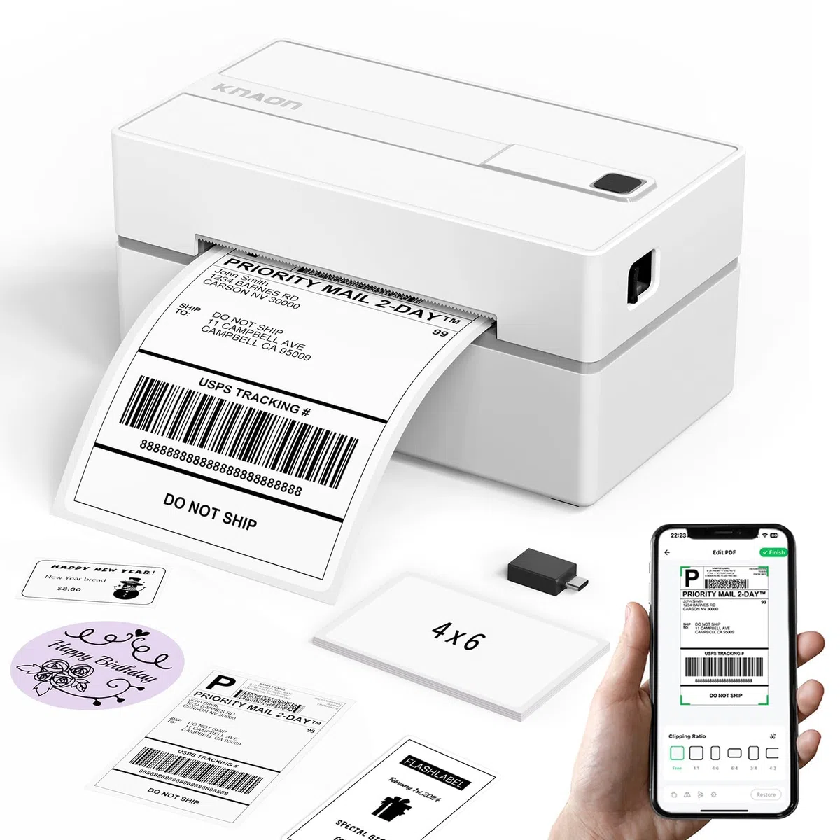 KNAON Bluetooth Etikettendrucker, 4x6 Thermodrucker Label Printer, Labeldrucker Versandetiketten Drucker für DHL UPS DPD FedEx, Etsy Shopify, Weiß