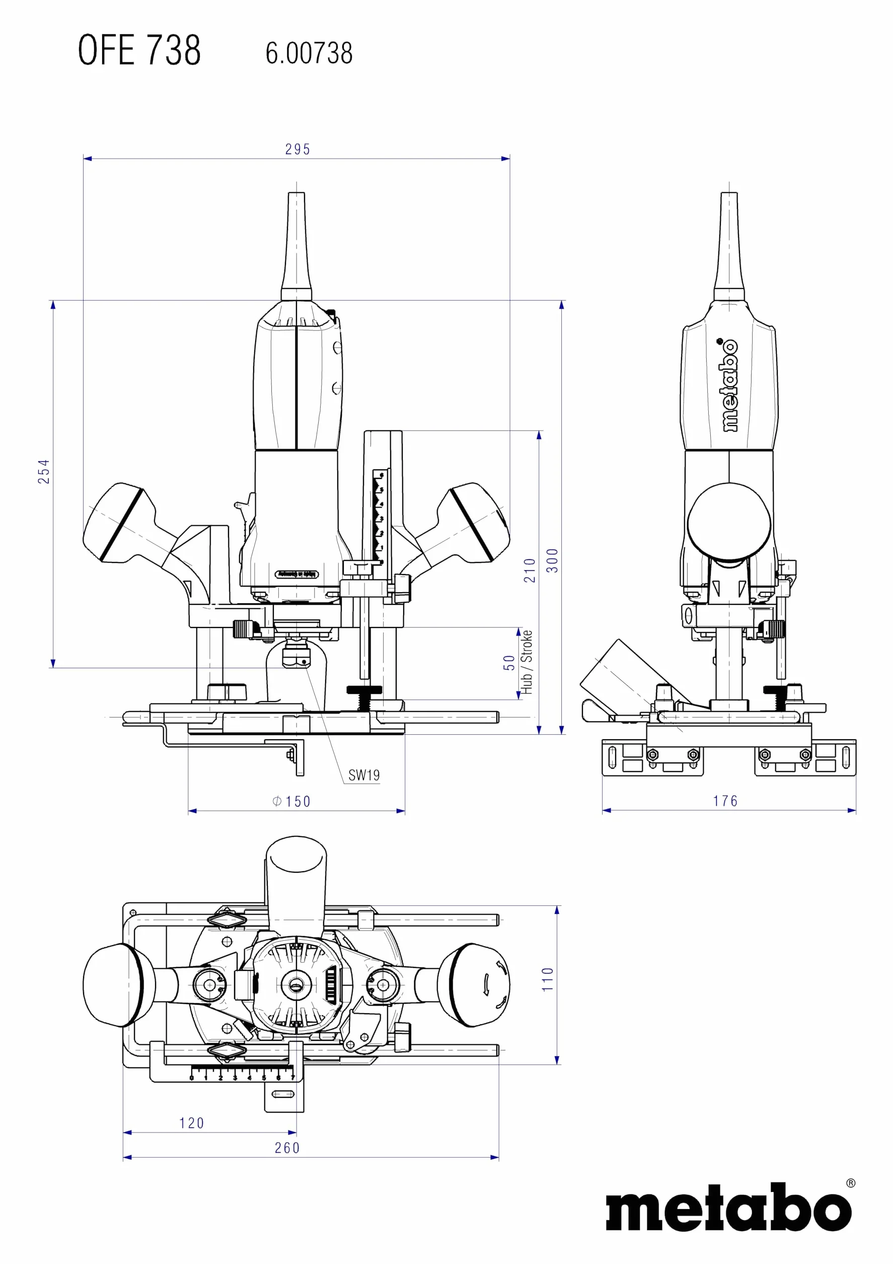 metabo OFE 738 Oberfräse, 710 W Fräse für Metabo Marathon-Motor | Stabile 2-Säulen-Präzisionsführung, Gehärtete Spannzange, 4 m Kabel, Inkl. Parallelanschlag & Absaugverbindungsstück