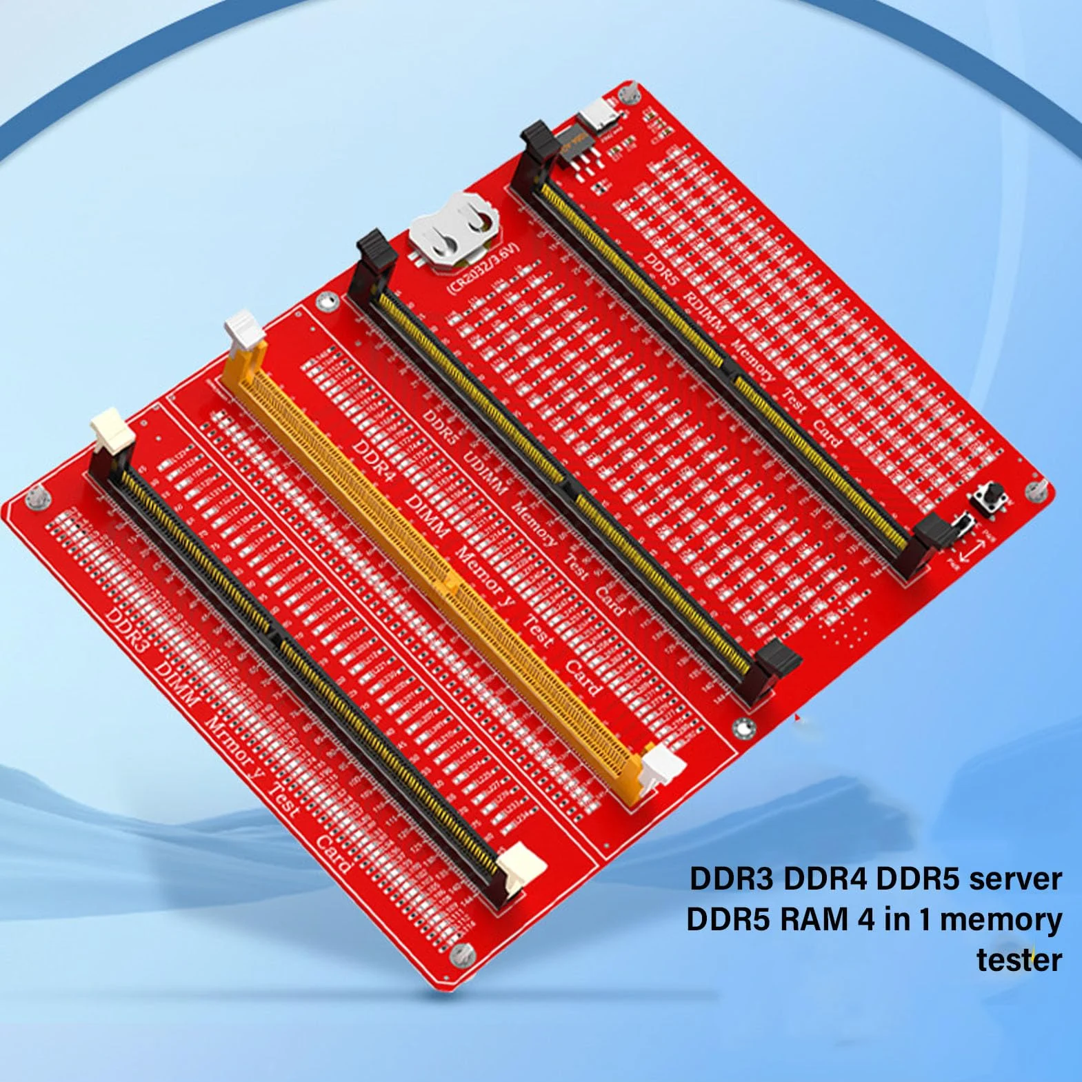 RAM-Speichertesterkarte, 4-in-1-DDR3-DDR4-DDR5-Server-DDR5-Tester mit LED-Anzeige und Doppelter Stromversorgung, Zum Testen der Speicherhardware von Desktop-Computern