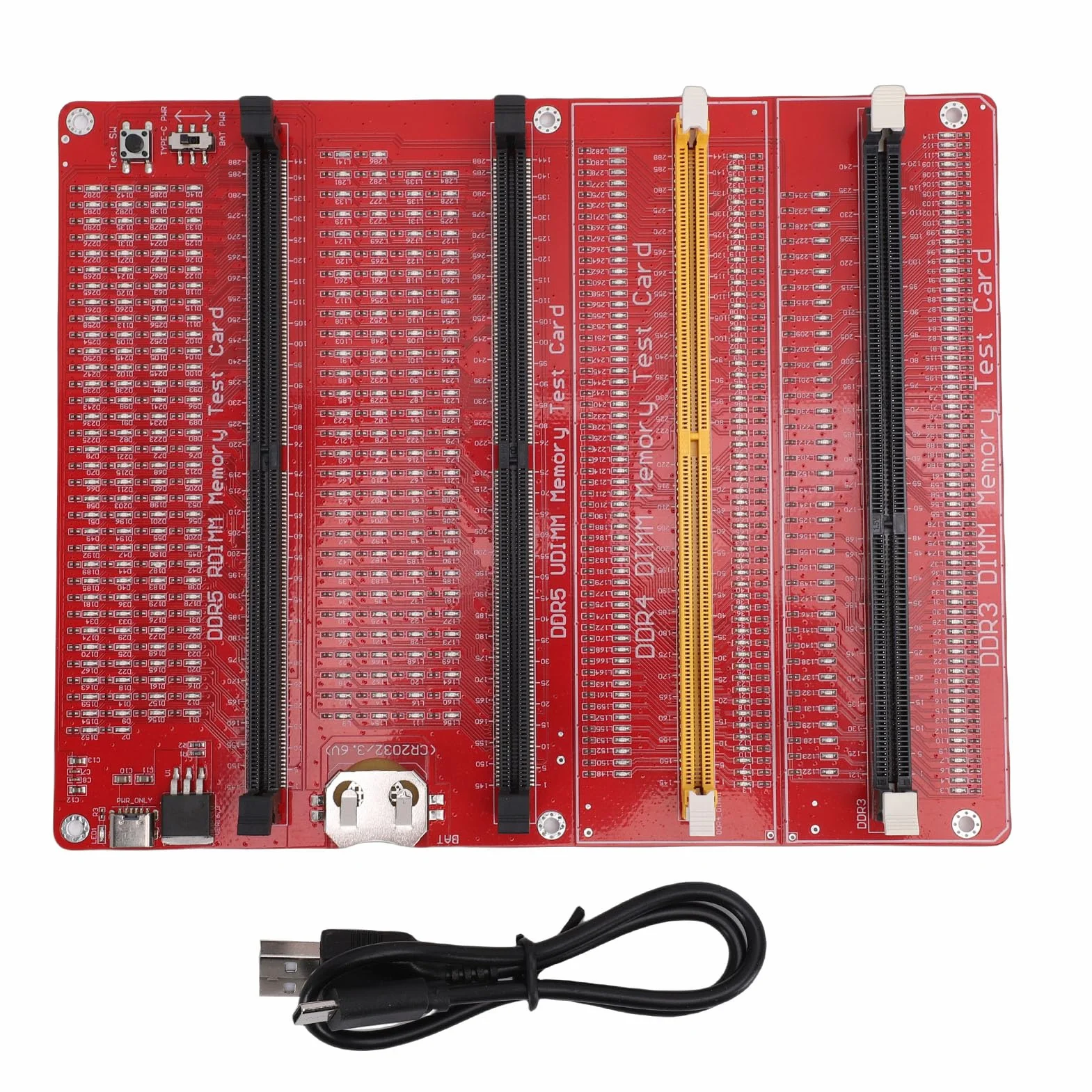 RAM-Speichertesterkarte, 4-in-1-DDR3-DDR4-DDR5-Server-DDR5-Tester mit LED-Anzeige und Doppelter Stromversorgung, Zum Testen der Speicherhardware von Desktop-Computern