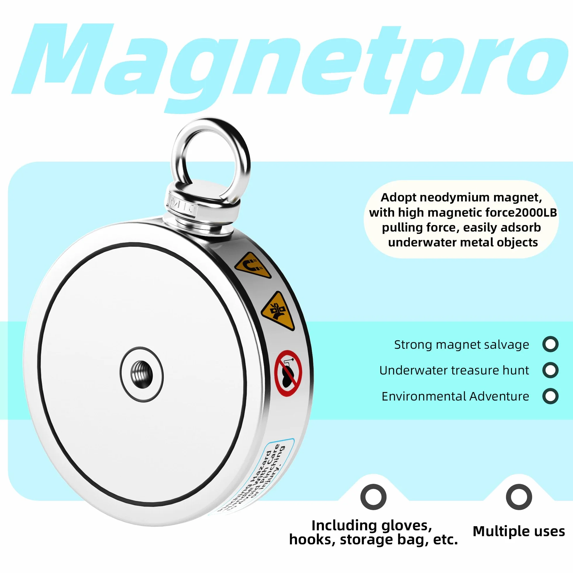 Magnetpro 900 KG Komplettes Abrufmagnet-Set, Doppelseitiges Angelmagnet Enthält einen starken Neodym-Magneten, langlebiges 20-Meter-Seil, Karabiner, Handschuhe, Enterhaken und eine Tragetasche