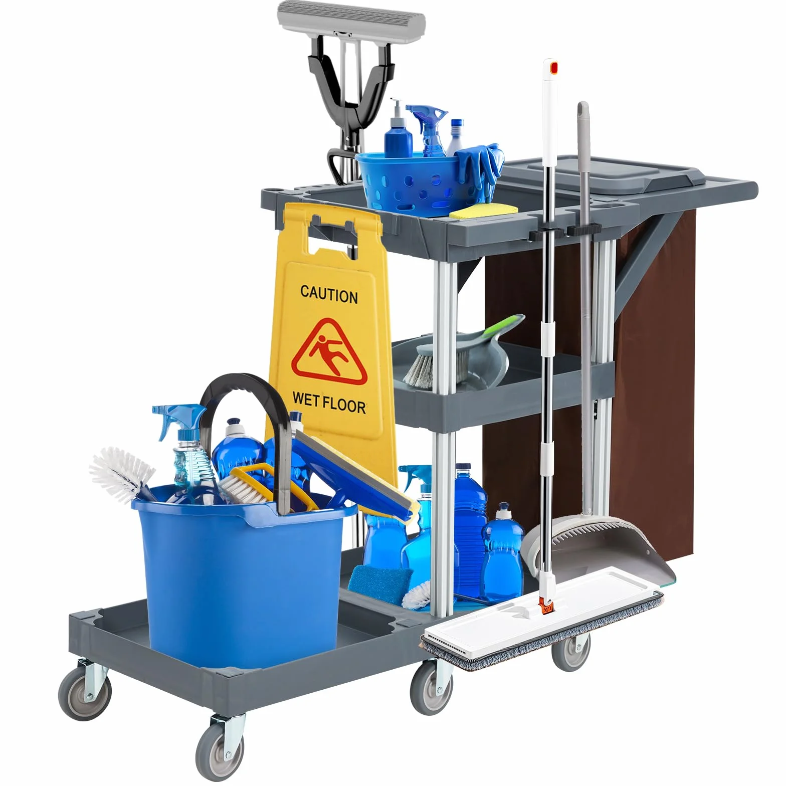Putzwagen Reinigungswagen,Servierwagen Mit Rollen 6 Mit Abdeckung Und Vliesbeutel Putzwagen für Haushalte Hotels Designbis zu 136 Kg Belastbar. Maße: 95 cm (T) x 49 cm (B) x 22 cm (H)